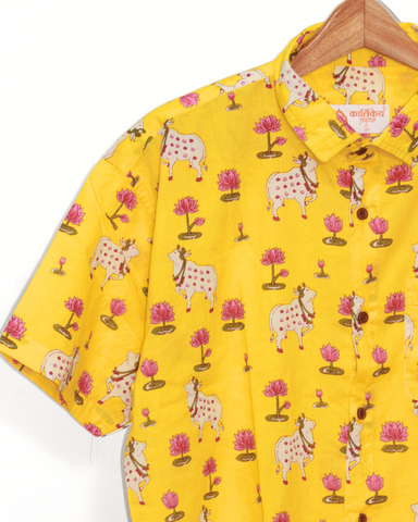 Mens Pichwai Yellow Cow Print Cotton Shirt