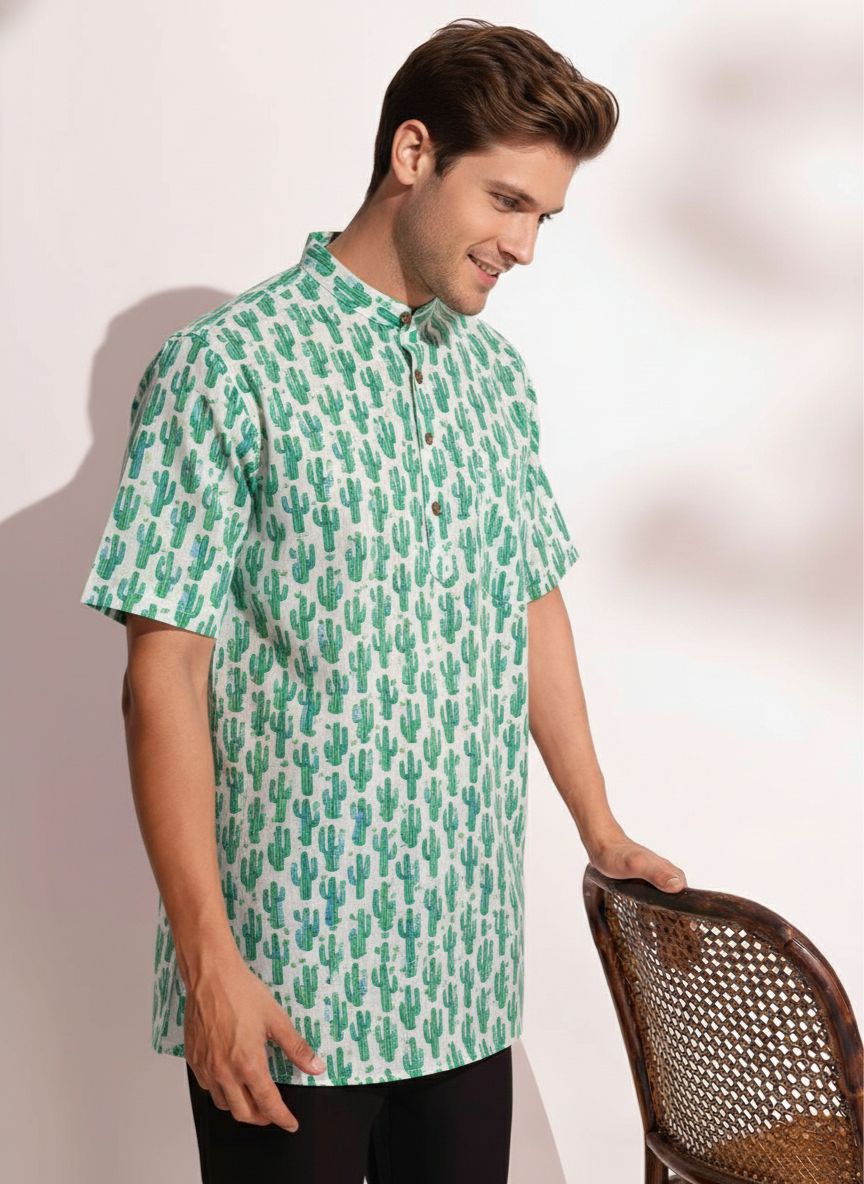 Cactus Print Half Sleeve Cotton Short Kurta for Men