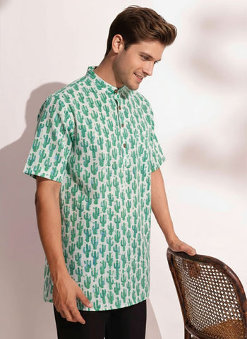 Cactus Print Half Sleeve Cotton Short Kurta for Men