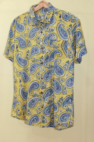 Yellow Half Sleeve Traditional Paisley Print Shirt Men
