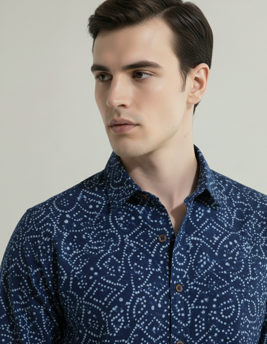 Indigo Full Sleeve Casual Bandhani Shirt for Men