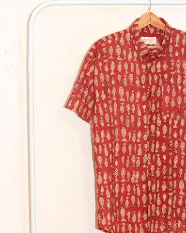 Quirky Fish Print Half Sleeve Shirt  - Red