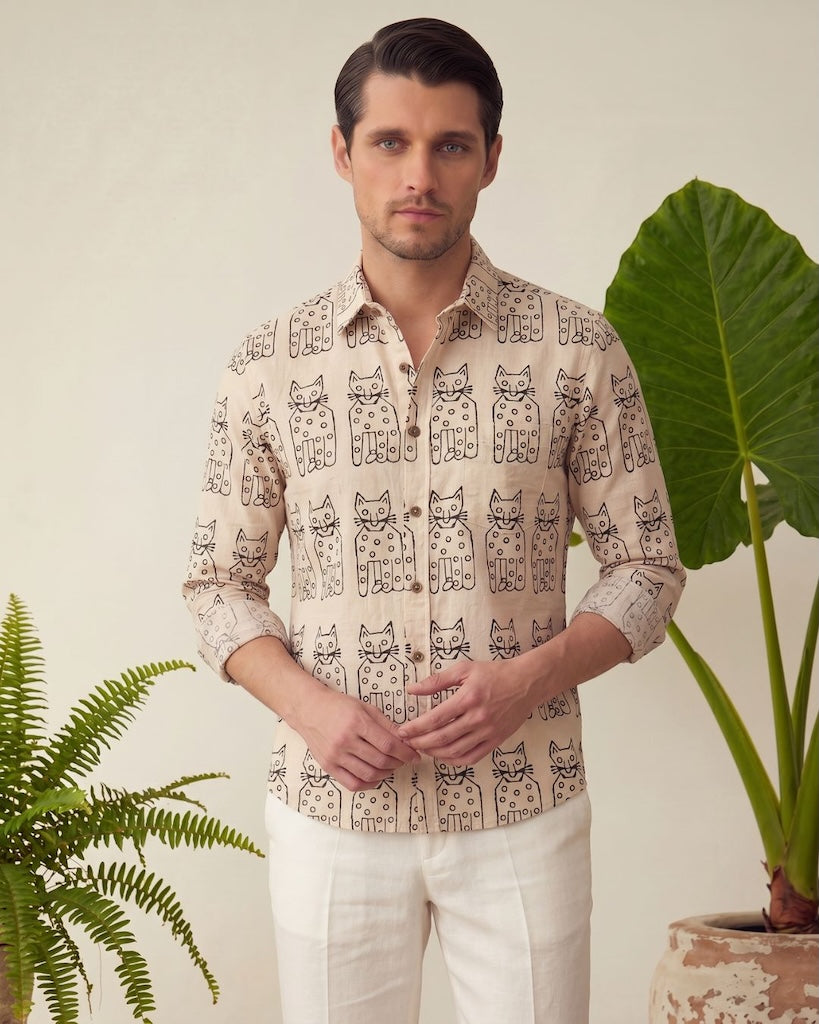 Classic Cat Print Full Sleeves Cotton Men Shirt - Limited Edition