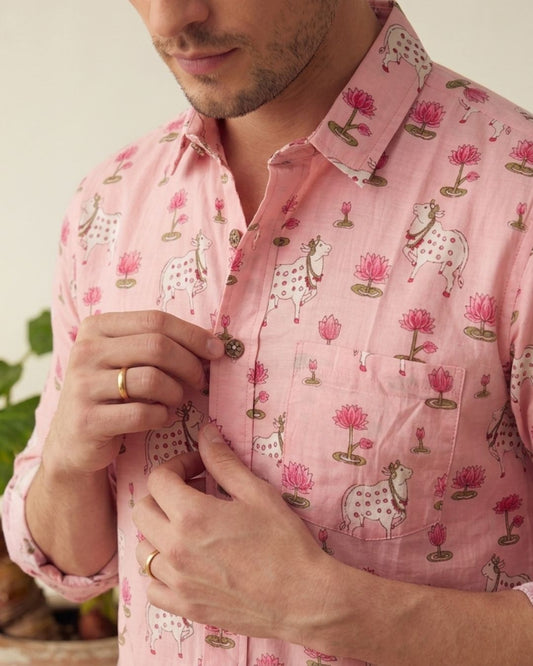 Pichwai Cow Pink Full Sleeves Men Shirt
