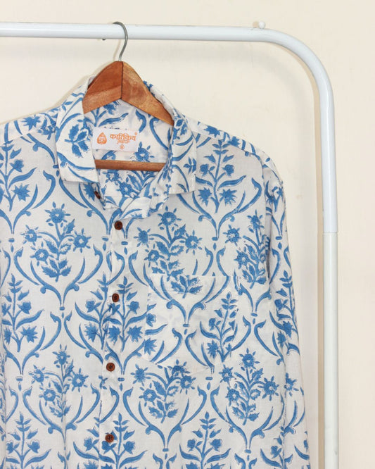 Blue Geometric Floral Cotton Full Sleeve Shirt for Men