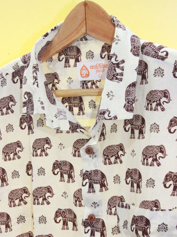 Cotton Half Sleeve Brown Elephant Print Shirt for Men