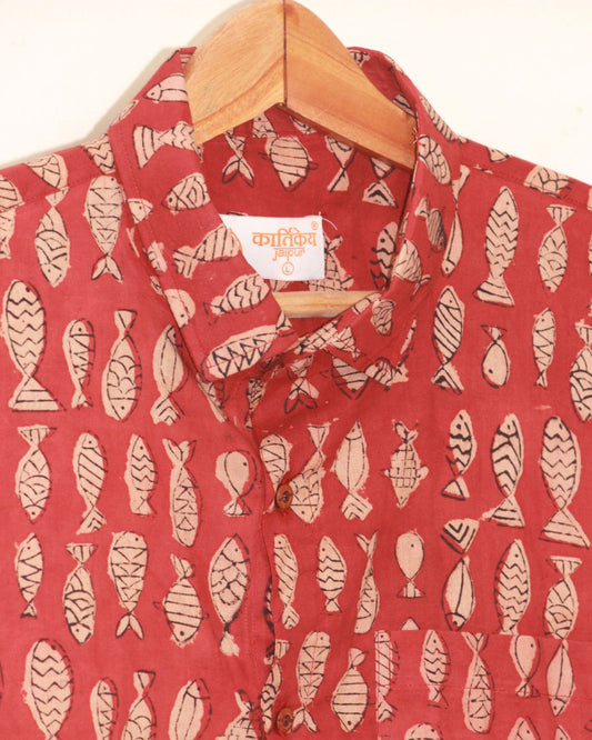 Quirky Fish Print Half Sleeve Shirt  - Red