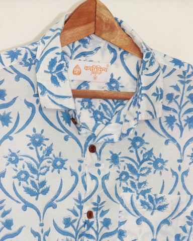 Blue Geometric Floral Cotton Full Sleeve Shirt for Men