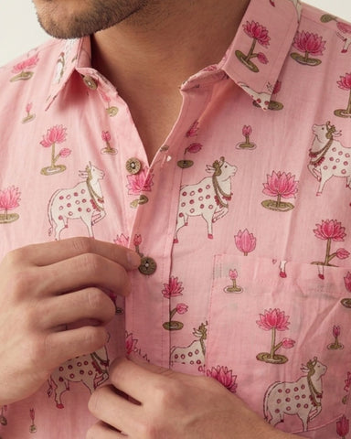 Pichwai Cow Pink Full Sleeves Men Shirt