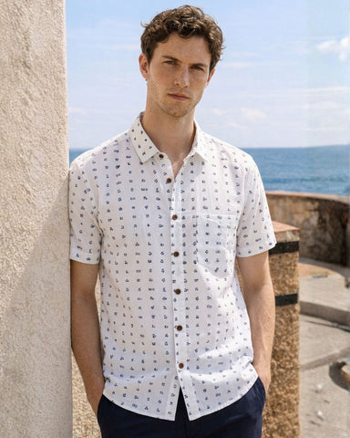 Classic Telugu Alphabets Block Print Cotton Men's Shirt Half