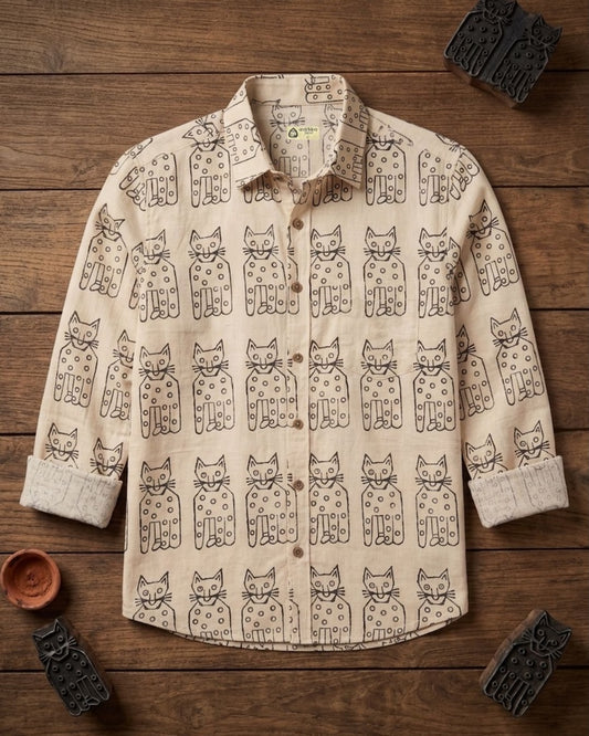 Classic Cat Print Full Sleeves Cotton Men Shirt - Limited Edition