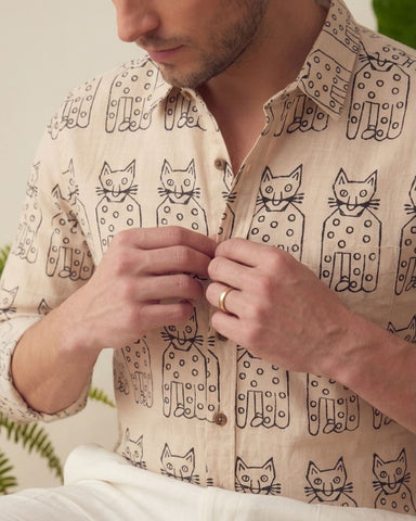Classic Cat Print Full Sleeves Cotton Men Shirt - Limited Edition