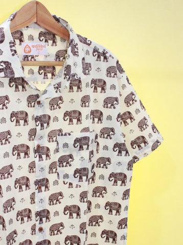 Cotton Half Sleeve Brown Elephant Print Shirt for Men