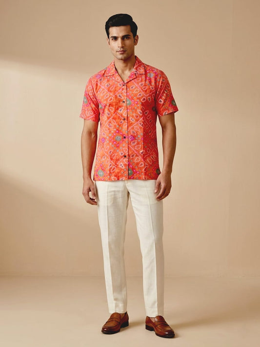 Classic Orange Bandhani Print Cuban Collar Shirt for Men