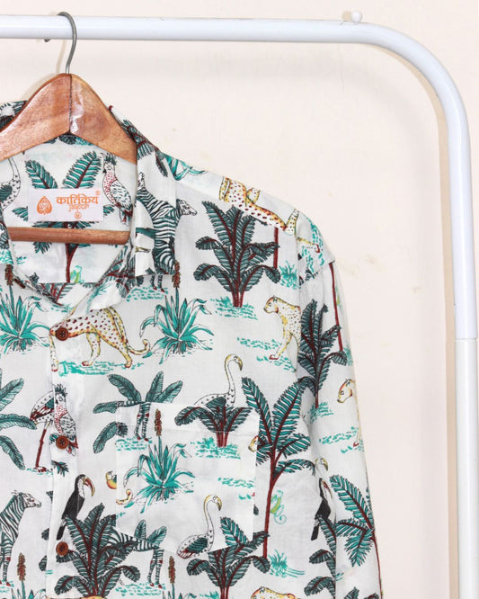White Jungle Print Full Sleeve Shirt for Men