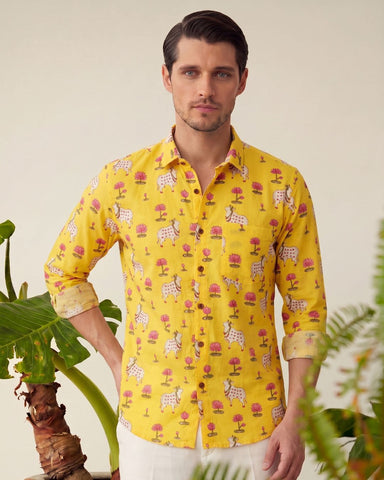 Pichwai Cow Yellow Full Sleeves Men Shirt