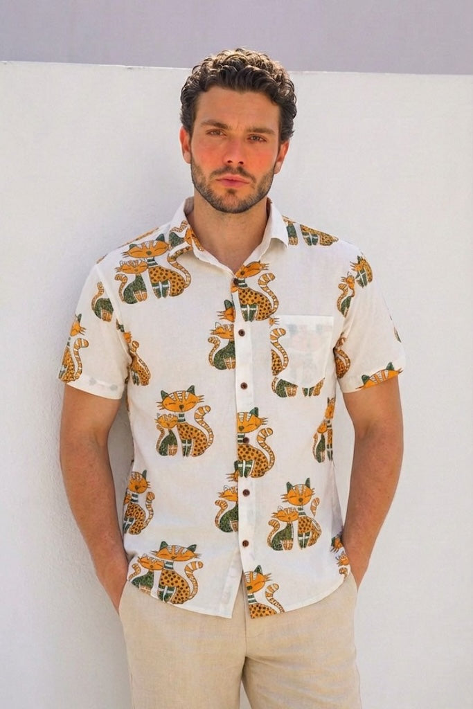 Organic Cotton Half Sleeve Cat Print Shirt for Men
