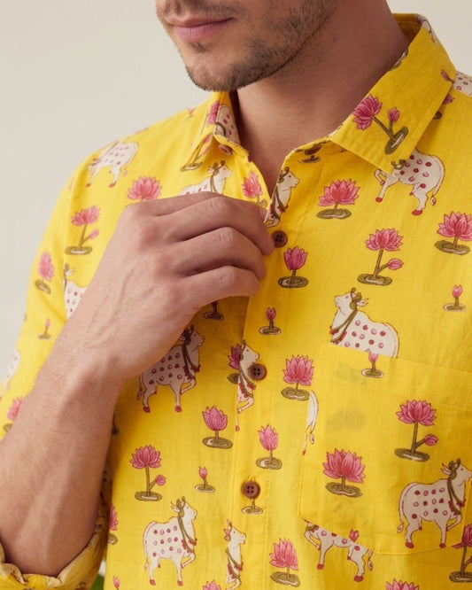 Pichwai Cow Yellow Full Sleeves Men Shirt