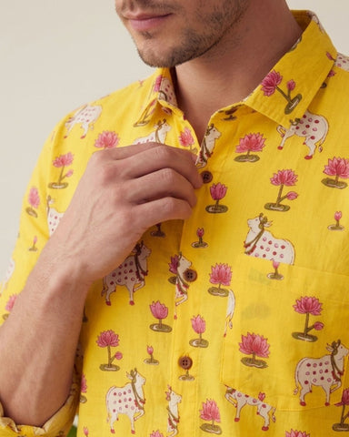 Pichwai Cow Yellow Full Sleeves Men Shirt