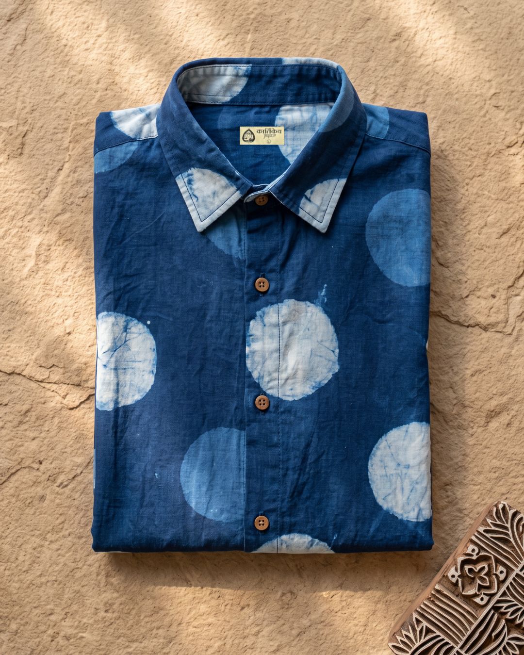 Natural Indigo Hand Block Bold Polka Print Men's Shirt - Prebook ( Dispatch by 30th September )