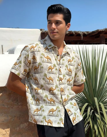 Traditional Camel Print Cotton Half Sleeve Shirt for Men