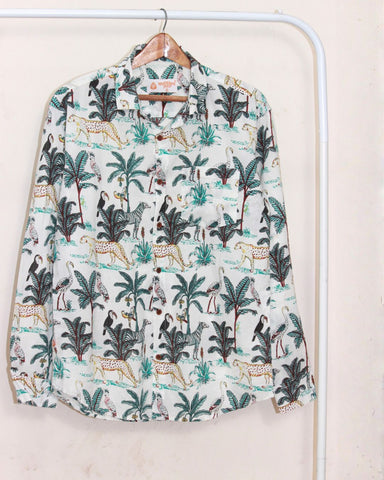 White Jungle Print Full Sleeve Shirt for Men