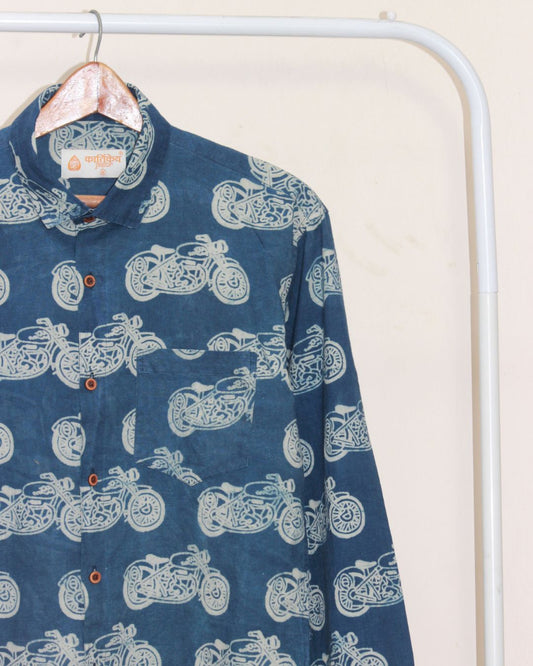 Indigo Full Sleeve Bullet Bike Print Shirt for Men