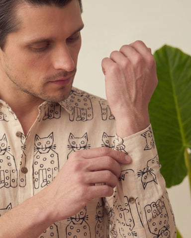Classic Cat Print Full Sleeves Cotton Men Shirt - Limited Edition