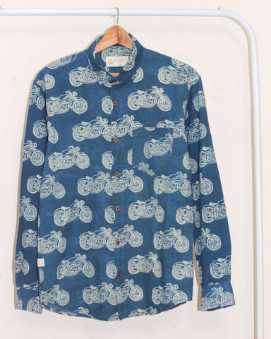 Indigo Full Sleeve Bullet Bike Print Shirt for Men