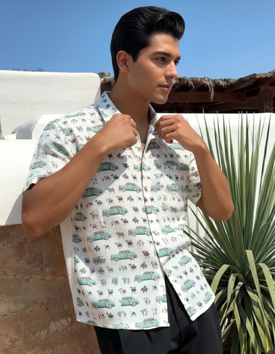 Holiday Print Cotton Half Sleeve Shirt for Men