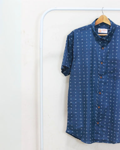 Blue Kannada Print Half Sleeve Cotton Shirt Men