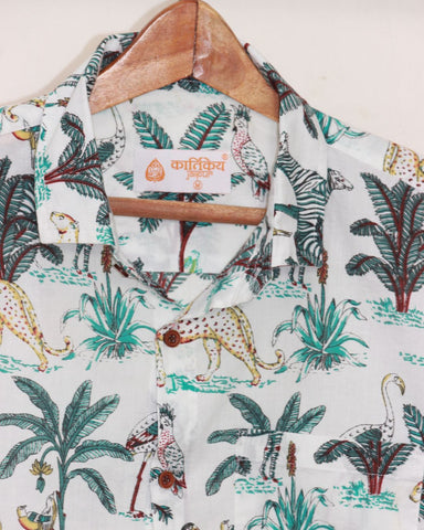 White Jungle Print Full Sleeve Shirt for Men