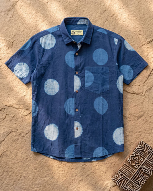 Natural Indigo Hand Block Bold Polka Print Men's Shirt