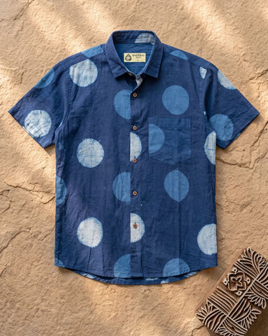 Natural Indigo Hand Block Bold Polka Print Men's Shirt - Prebook ( Dispatch by 30th September )