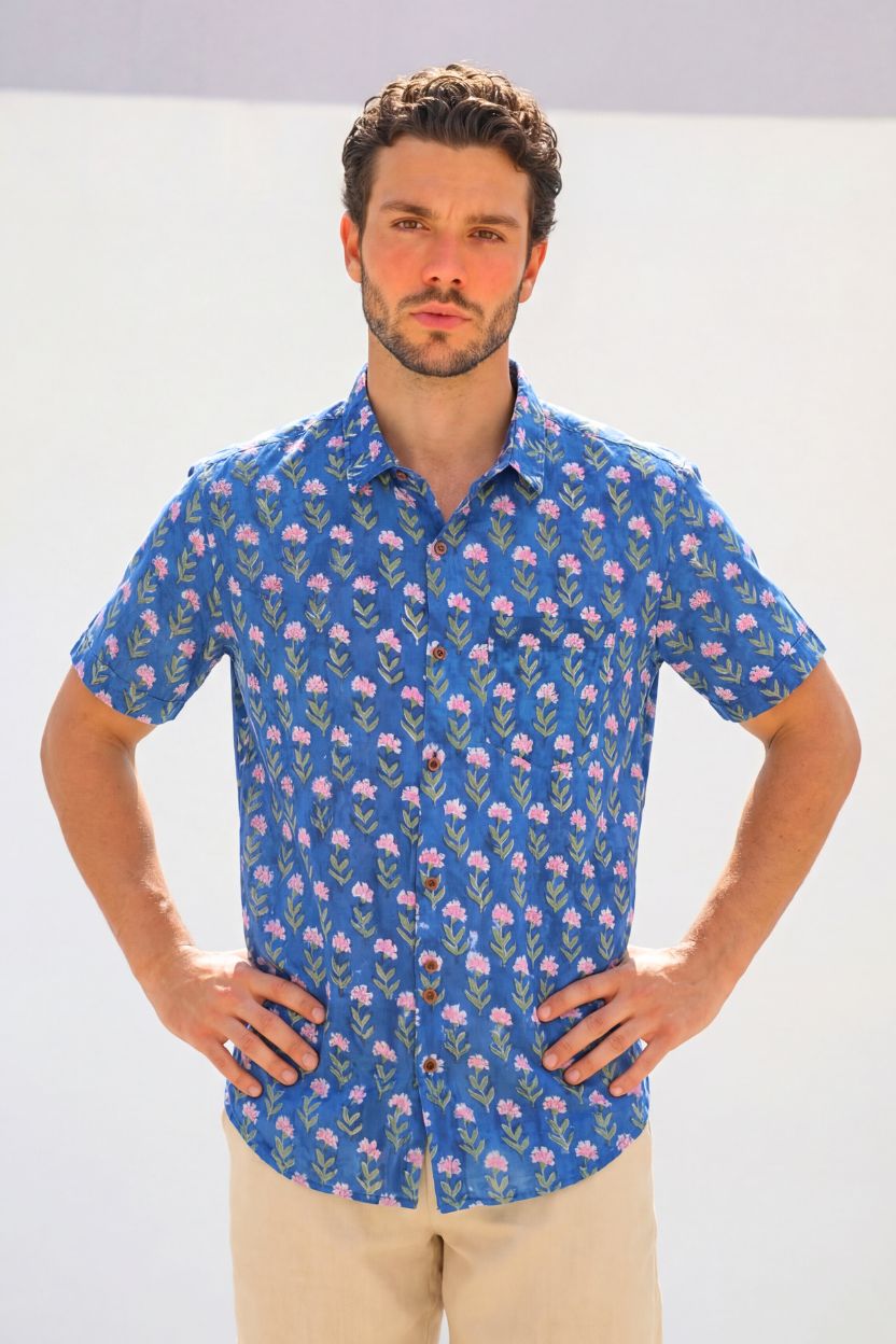 Classic Organic Indigo Print Men's Half Sleeves Shirt