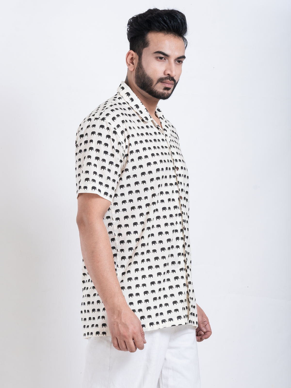 Elephant Print Cuban Collar Shirt in Black