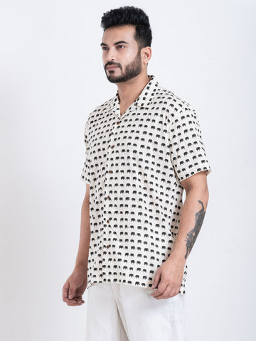 Elephant Print Cuban Collar Shirt in Black