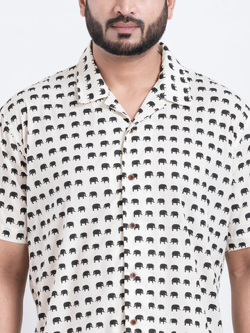 Elephant Print Cuban Collar Shirt in Black