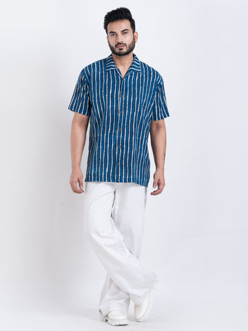 Dual Stripe Print Indigo Cuban Shirt