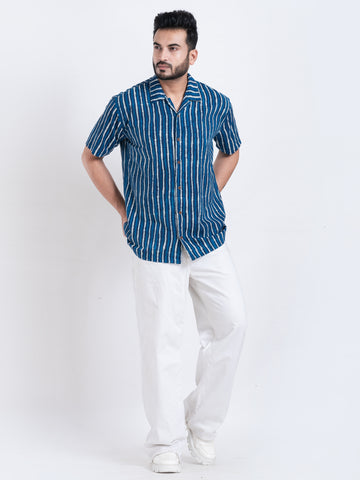 Dual Stripe Print Indigo Cuban Shirt