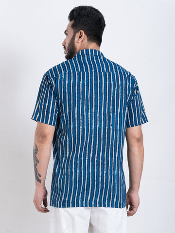 Dual Stripe Print Indigo Cuban Shirt