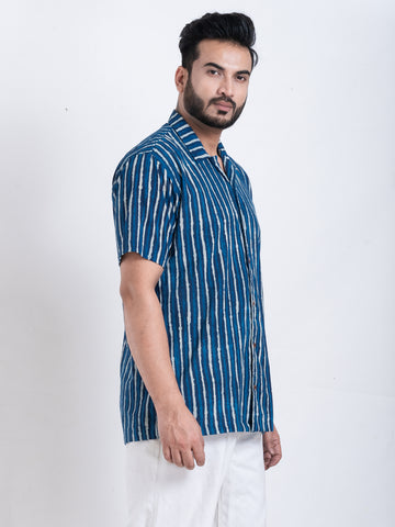 Dual Stripe Print Indigo Cuban Shirt