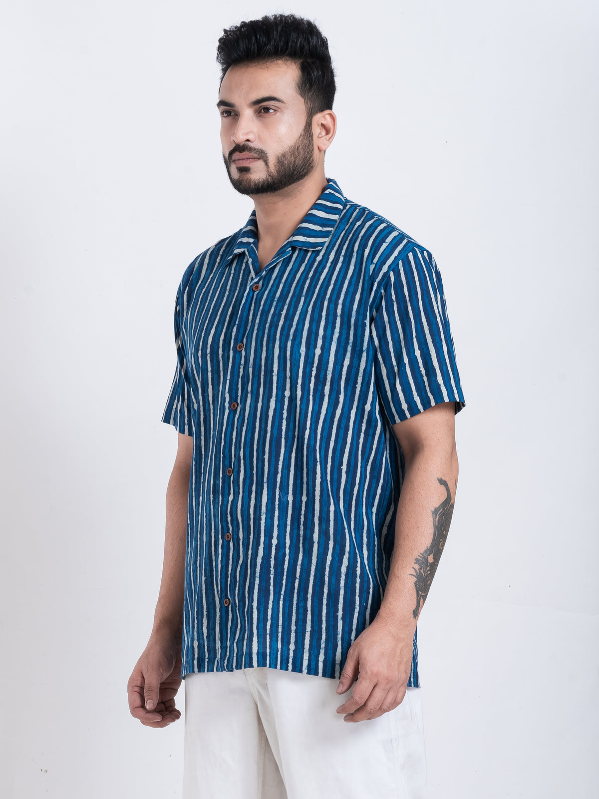 Dual Stripe Print Indigo Cuban Shirt