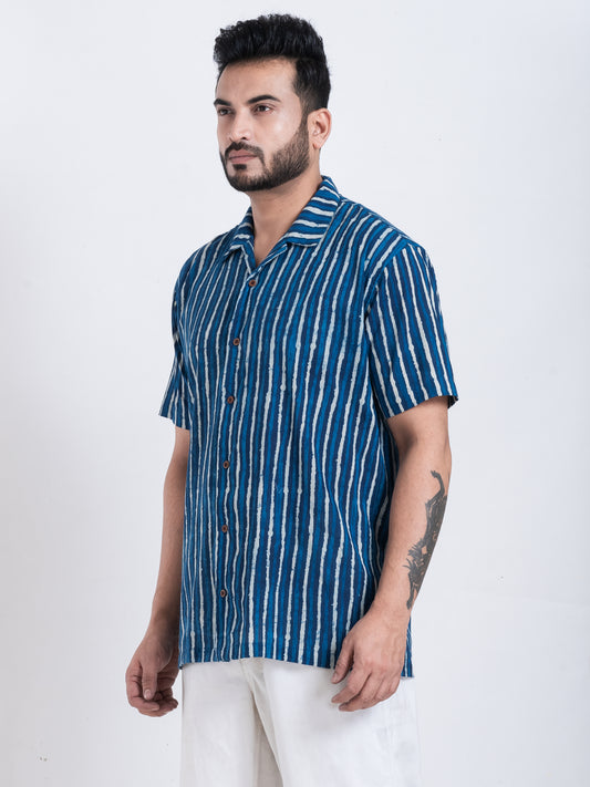 Dual Stripe Print Indigo Cuban Shirt