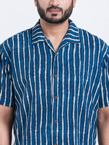 Dual Stripe Print Indigo Cuban Shirt