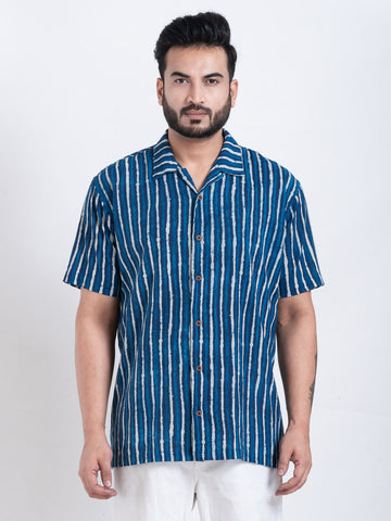 Dual Stripe Print Indigo Cuban Shirt