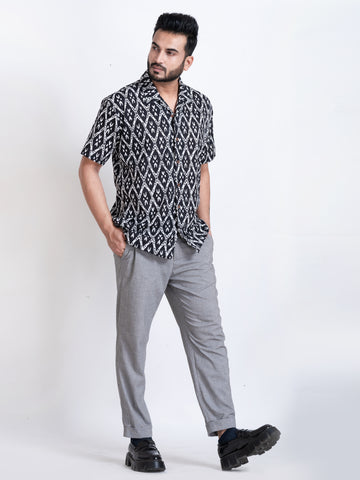 Geometric Print Black Cuban Collar Shirt