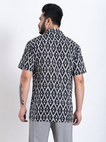 Geometric Print Black Cuban Collar Shirt