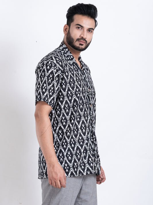 Geometric Print Black Cuban Collar Shirt