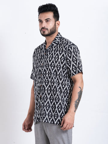 Geometric Print Black Cuban Collar Shirt